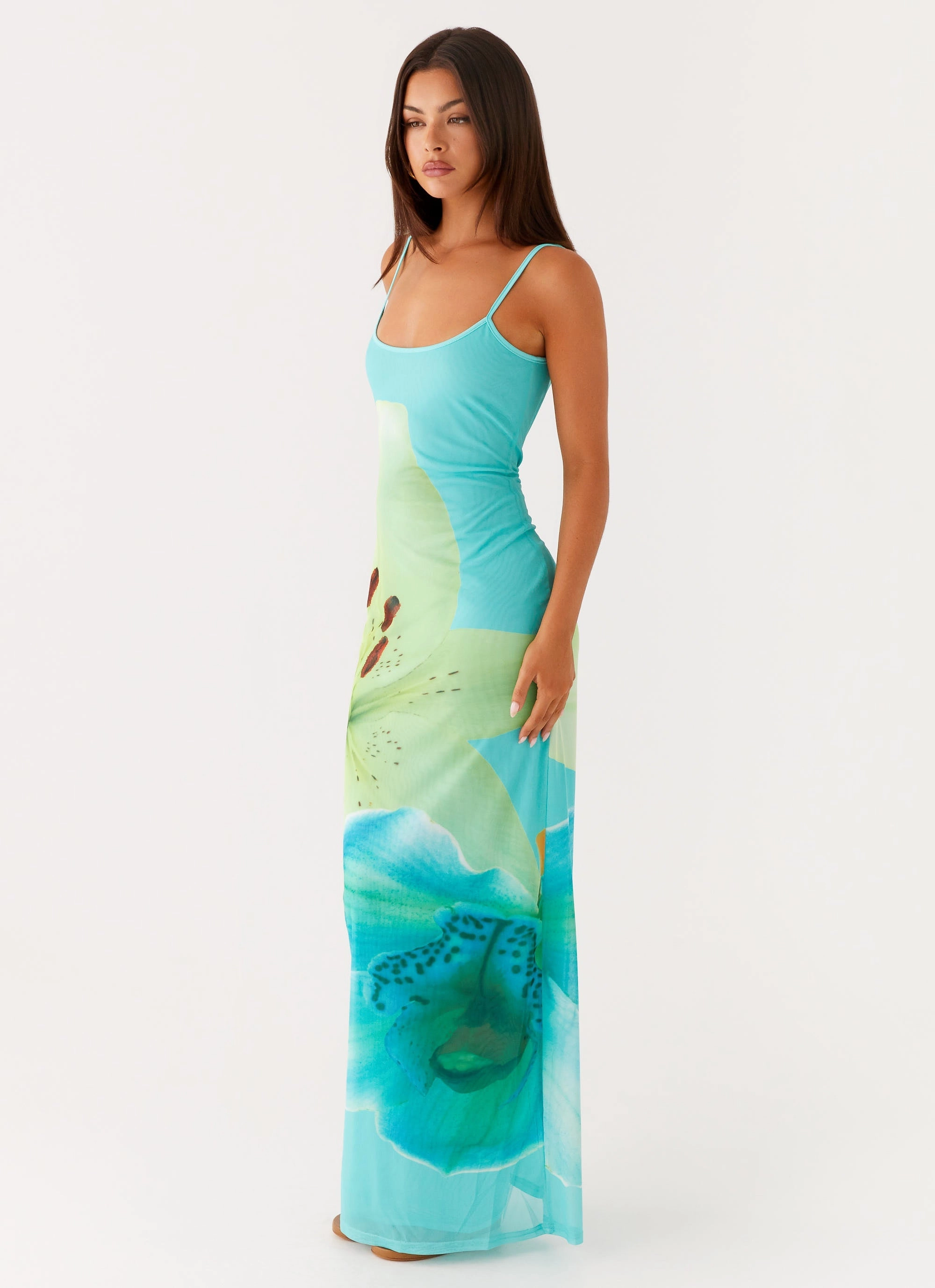 Button-front Subtle Edge Bad News Mesh Maxi Dress - Turquoise Floral