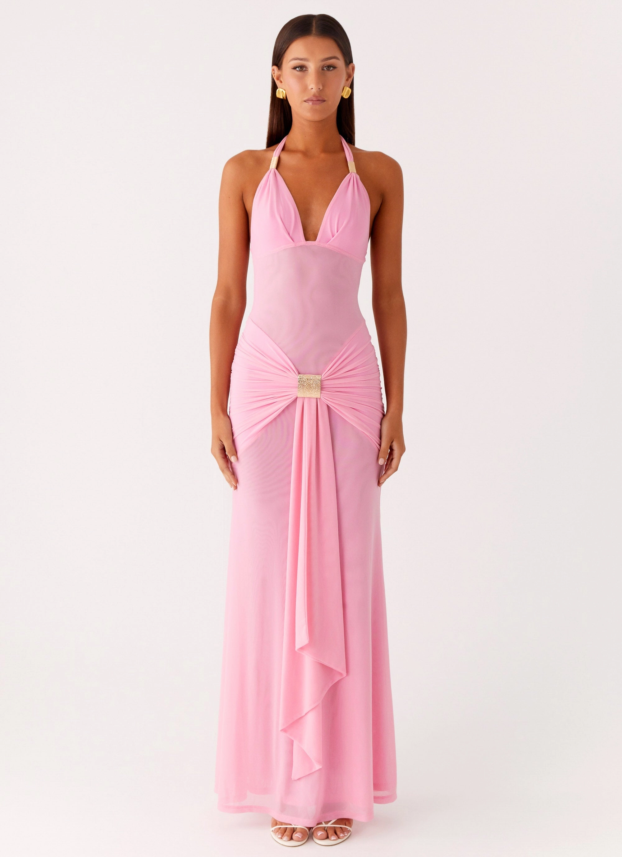 Miyah Halter Hardware Maxi Dress - Baby Pink Smocked-Detail Modern and Feminine
