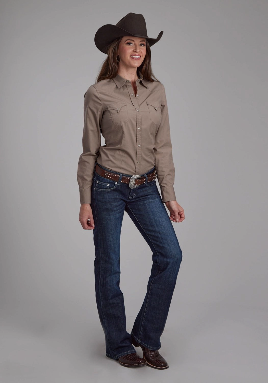 Roper Womens 2221 Solid Poplin Stone 100% Cotton L/S Shirt Lightweight Material Sports Ready