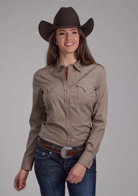 Subtle Print Roper Womens 2221 Solid Poplin Stone 100% Cotton L/S Shirt