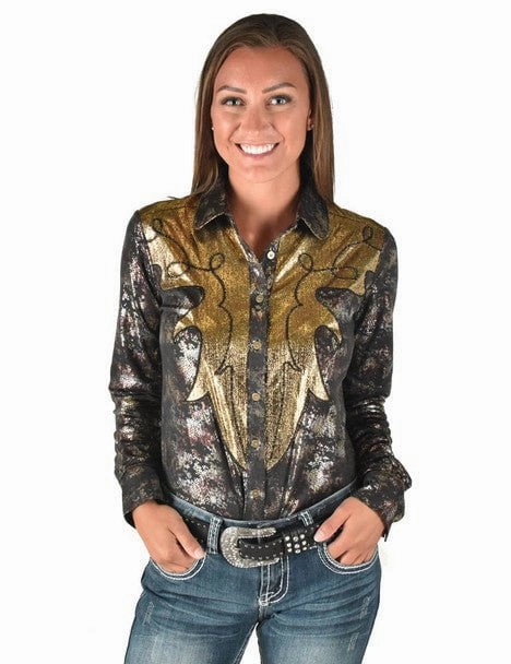 Soft Texture Cowgirl Tuff Womens Western Metallic Black/Gold Polyester L/S Shirt