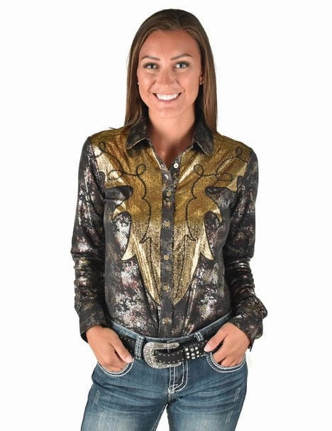 Cowgirl Tuff Womens Western Metallic Black/Gold Polyester L/S Shirt Structured Collar Ultra Soft Interior
