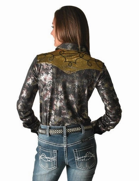 Non Static Finish Cowgirl Tuff Womens Western Metallic Black/Gold Polyester L/S Shirt