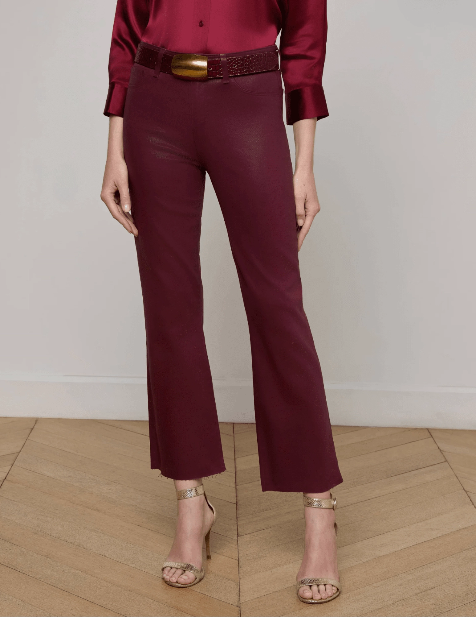Work Meeting Relaxed Style Shopping Day Adult Fashion Athlete Fit L'AGENCE Kendra High Rise Cropped Coated Jeans In Dark Port