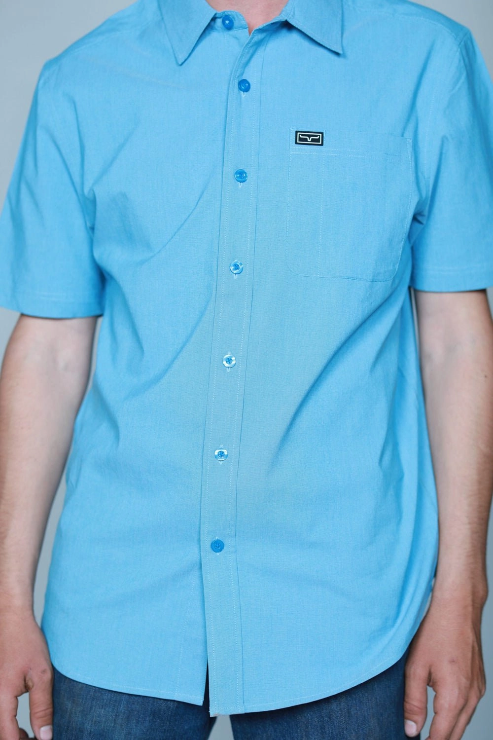 Reinforced Elasticity Brunch Outfit Kimes Ranch Mens Linville Solid Shirt Mid Blue Cotton Blend S/S