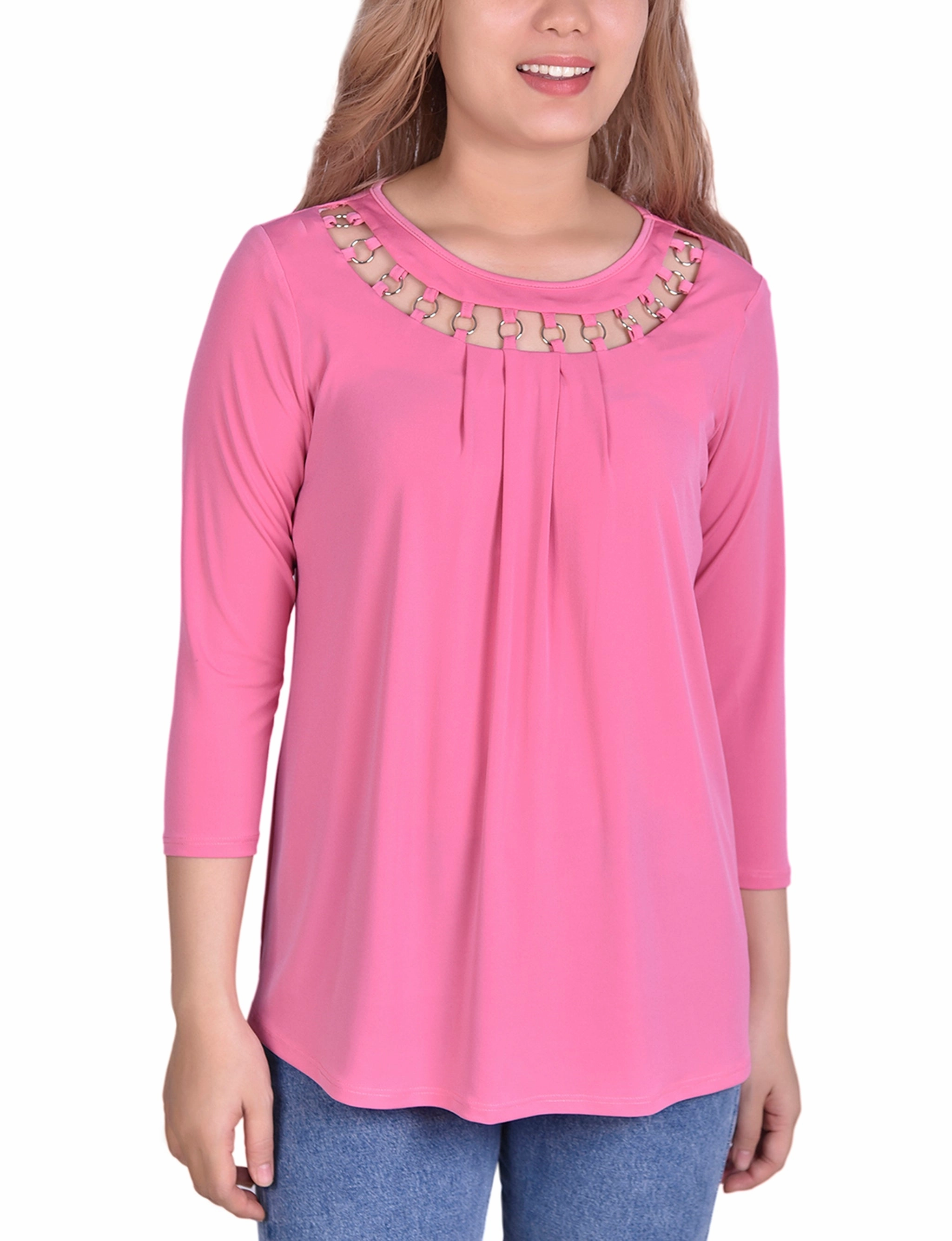 3/4 Sleeve Top With Cutout Ringed Neckline Non Irritating Edging