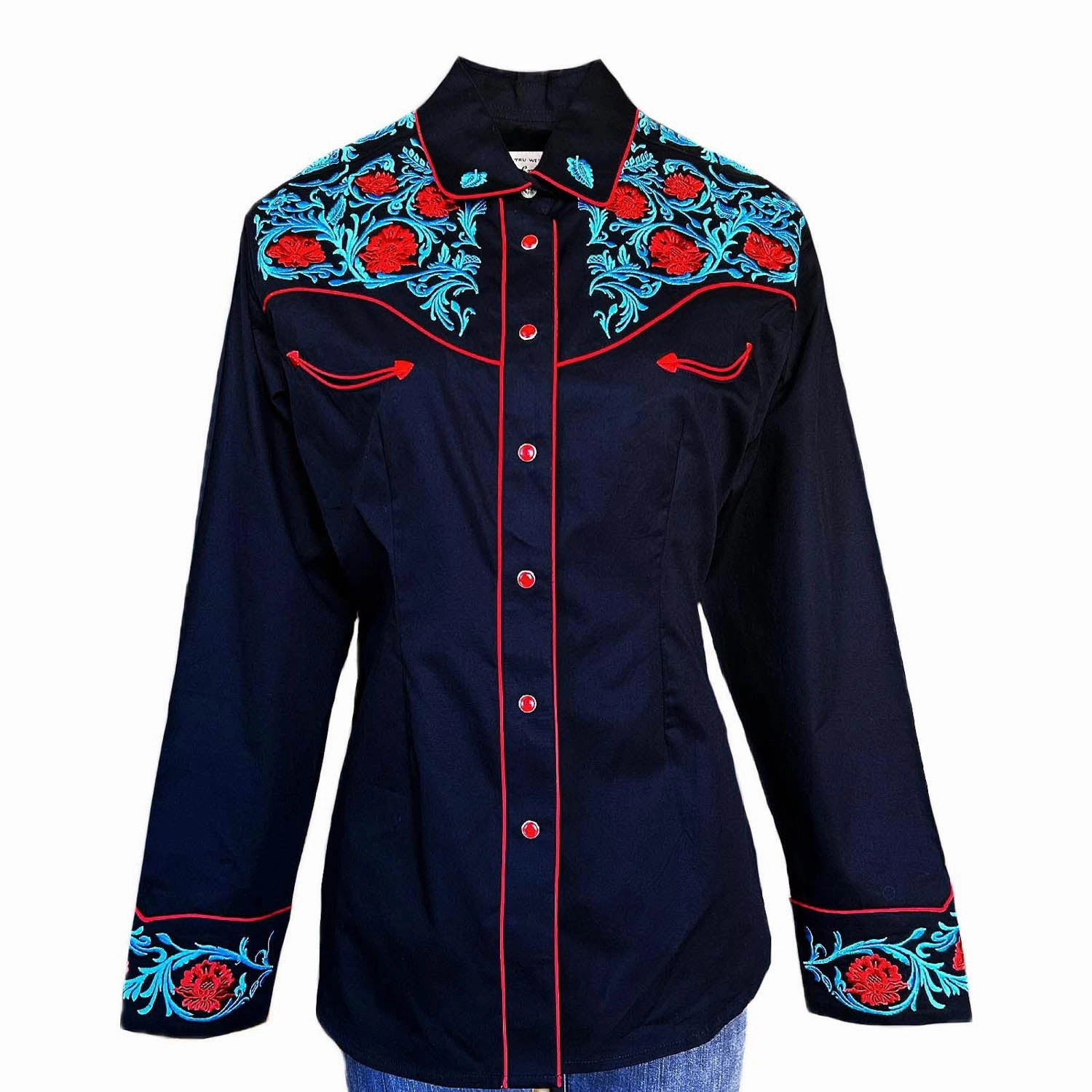 Rockmount Womens Vintage Floral Embroidered Black 100% Cotton L/S Shirt tailored look Easy Care