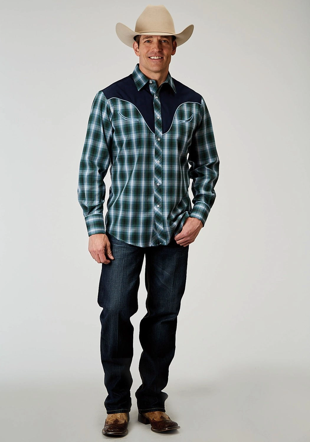 Exclusive Collection Roper Mens Ocean Plaid Fancy Blue Cotton Blend L/S Shirt