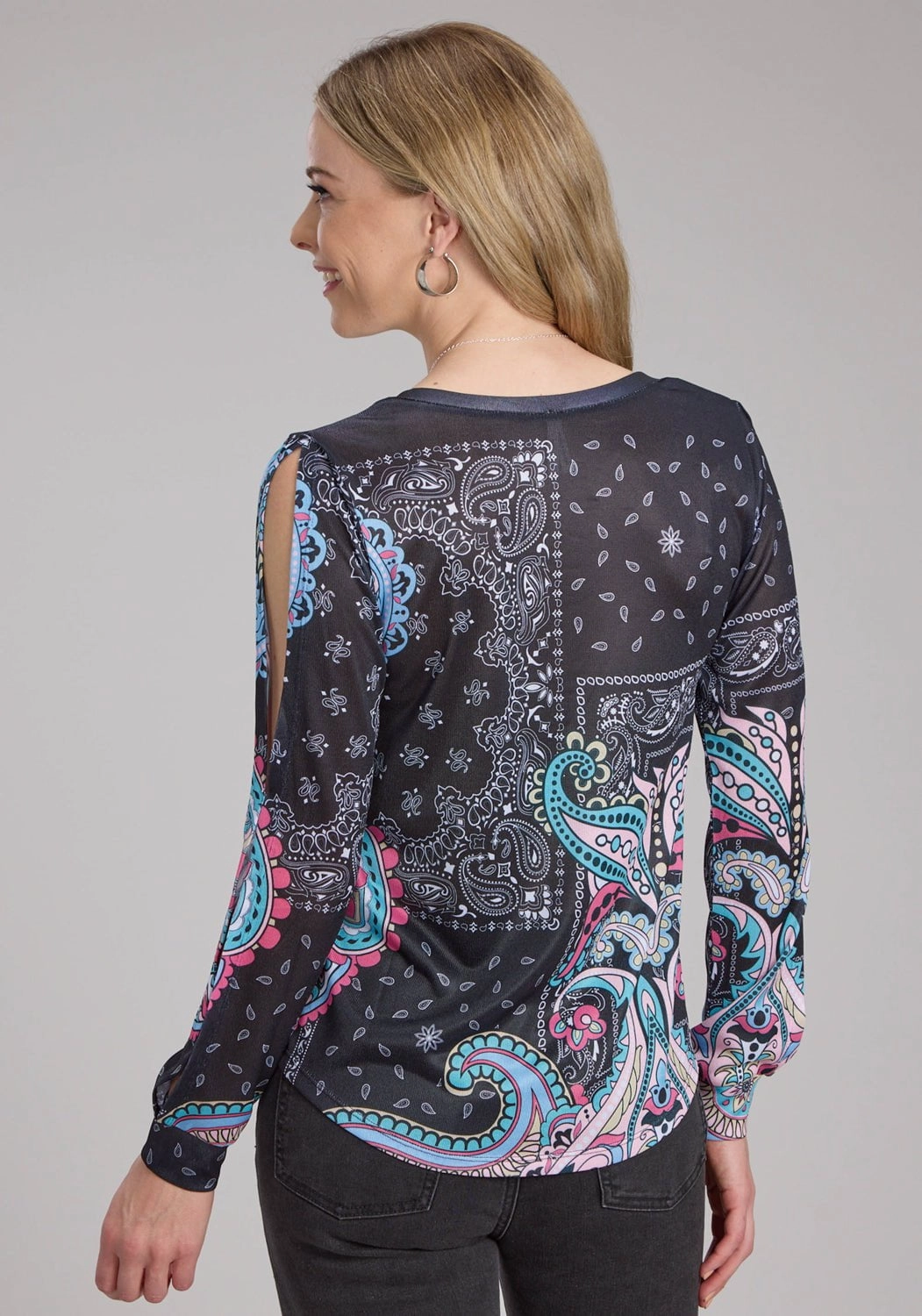 Lightweight Layers Ruffle Edge Roper Womens Hankerchief Sublimation Multi-Color Poly/Spandex L/S Blouse