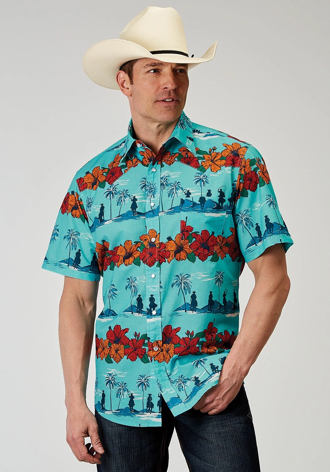 Fitted Silhouette Snug feel Roper Mens 1900 Hawaiian Blue 100% Cotton 1 Pkt S/S Shirt