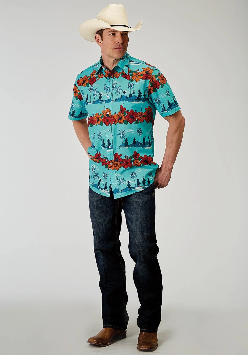 Roper Mens 1900 Hawaiian Blue 100% Cotton 1 Pkt S/S Shirt Micro Perforated Texture Sleek Silhouette