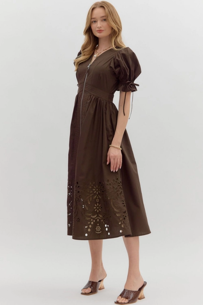 Anytime Fit Soft Air Elizabeth Crochet Trim Zip Front Midi Dress in Brown