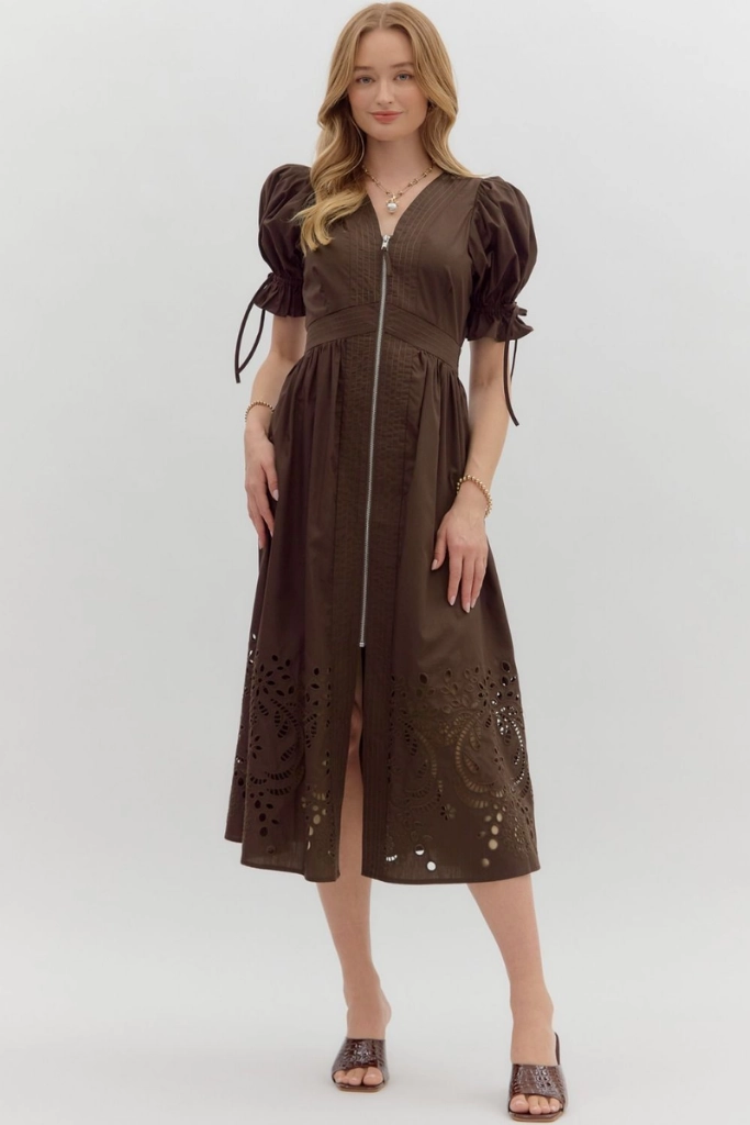 Elizabeth Crochet Trim Zip Front Midi Dress in Brown Minimal Detail All Inclusive