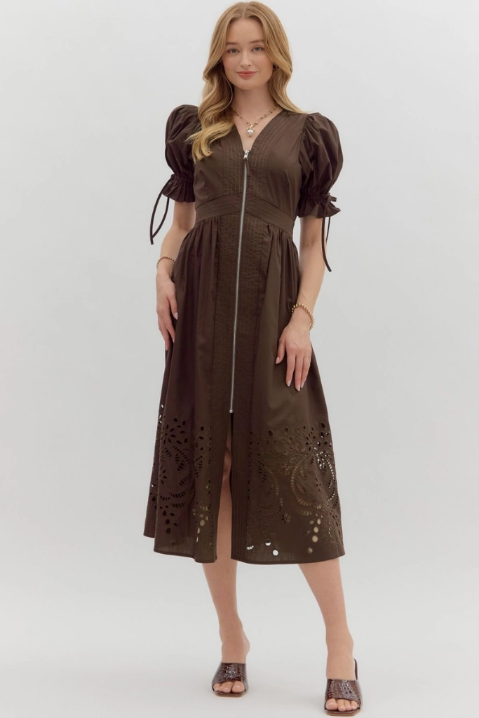 Elizabeth Crochet Trim Zip Front Midi Dress in Brown Fresh Look