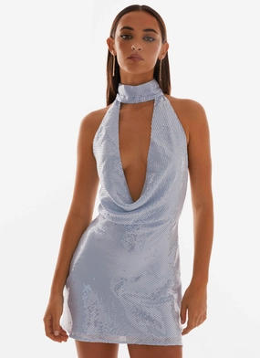 Nora Sequin Cowl Neck Mini Dress - Blue Casual Silhouette