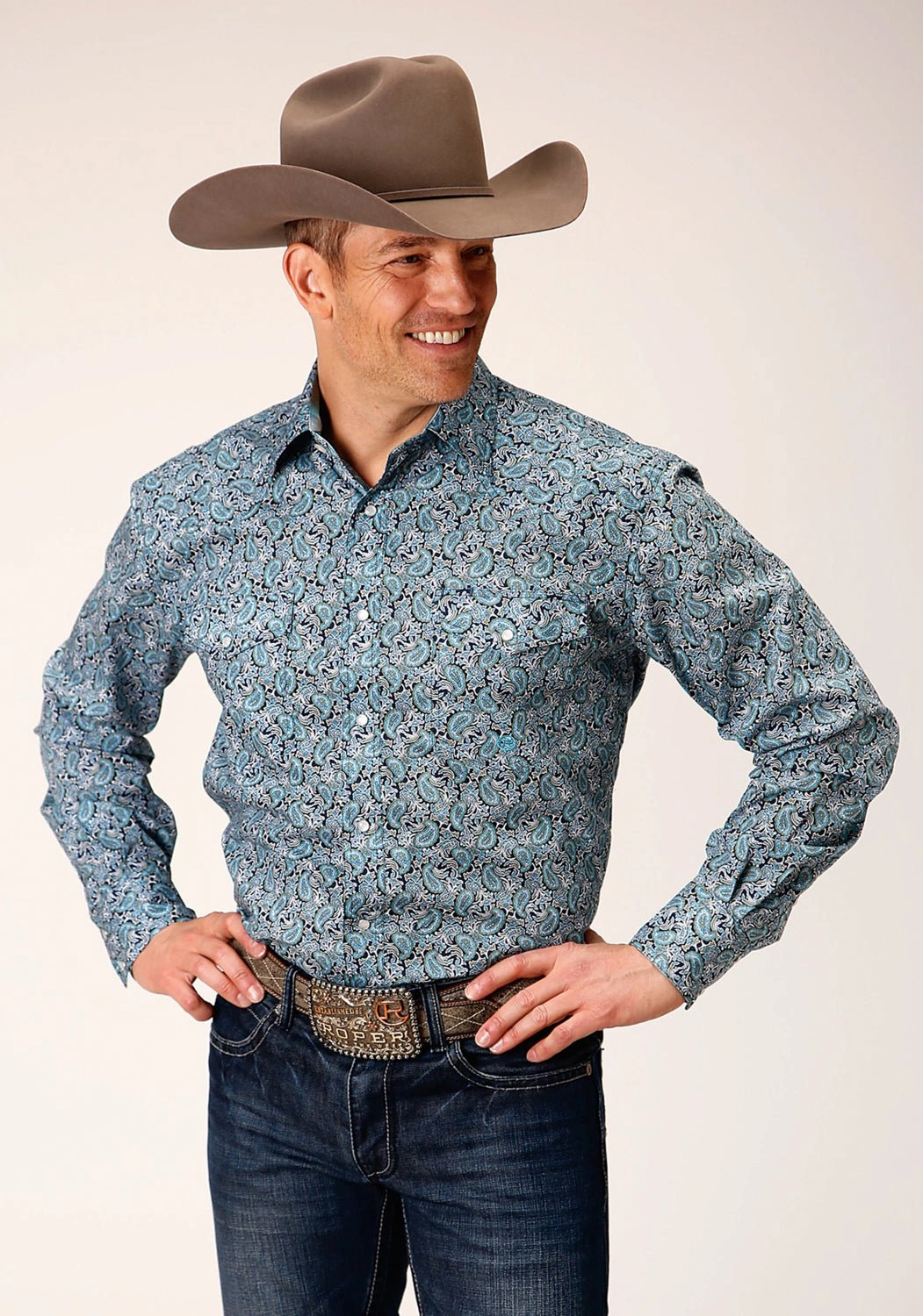 Roper Mens Peacock Paisley Blue 100% Cotton L/S Shirt Low Maintenance Shimmer Effect