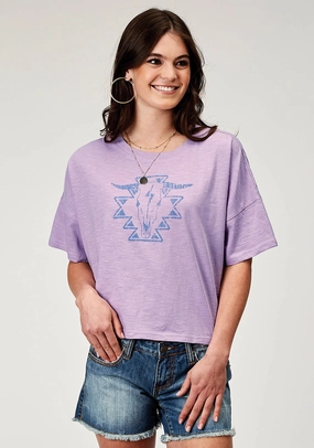 Roper Womens Southwest Longhorn Lilac 100% Cotton S/S T-Shirt Fall Fashion Smart Look