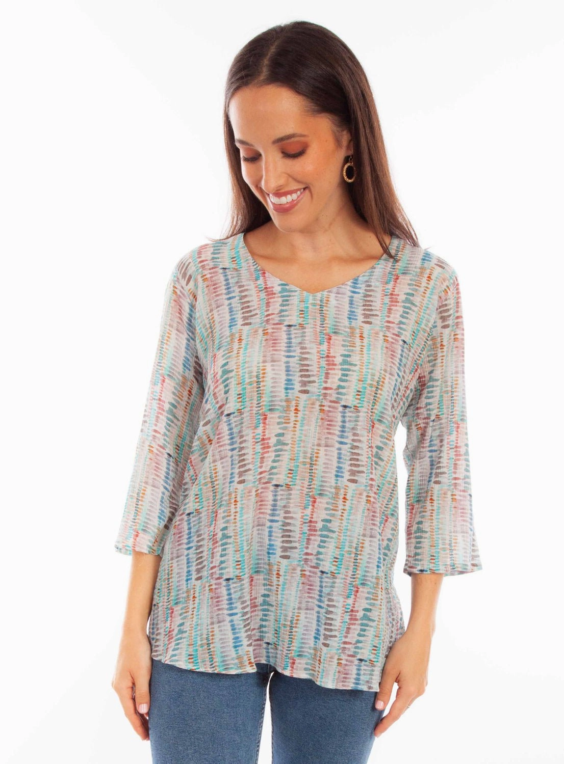 Summer Vibes Ventilated Back Scully Womens Abstract Striped Aqua Viscose 3/4 Sleeve S/S Tunic