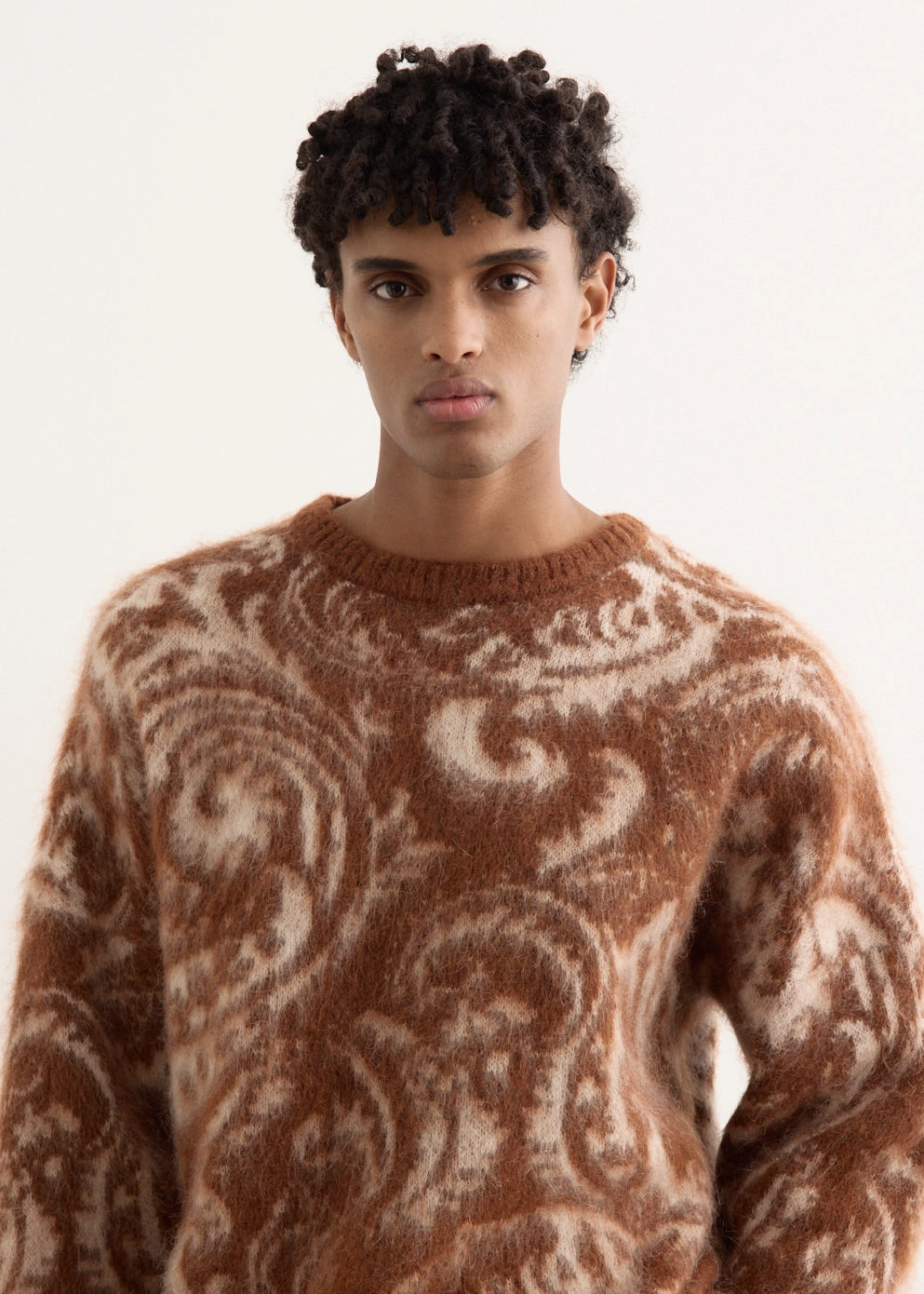 Ribbed Hemline Mohair Paisley Jacquard Sweater