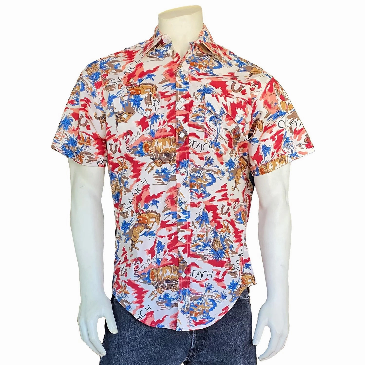Rockmount Mens Hawaiian Print Red 100% Cotton S/S Shirt Athletic Look Static Dissipating Fiber