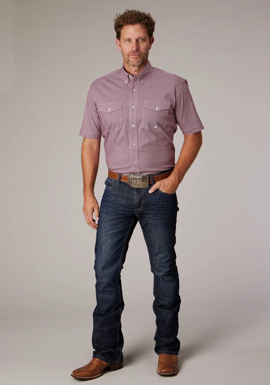 Roper Mens 2025 Stretch Neat Red Cotton Blend Btn S/S Shirt Adjustable Cuff Closure Minimalist Closure