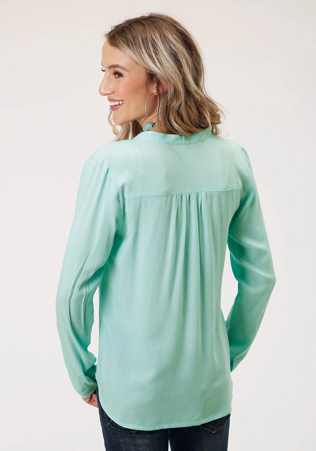 Roper Womens Floral Long Tails Aqua 100% Rayon L/S Blouse Pocket Detail Interview Ready