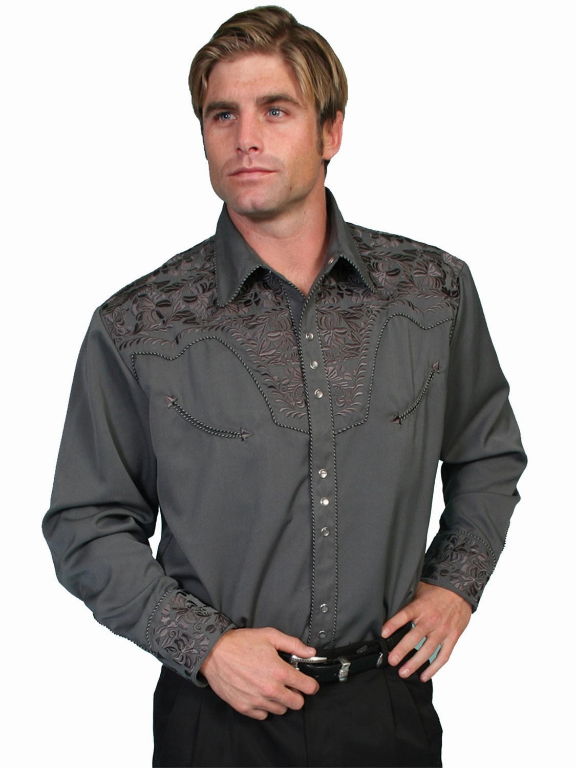 Scully Mens Charcoal Poly/Rayon Tooled Floral L/S Shirt Quick-Dry Button-up