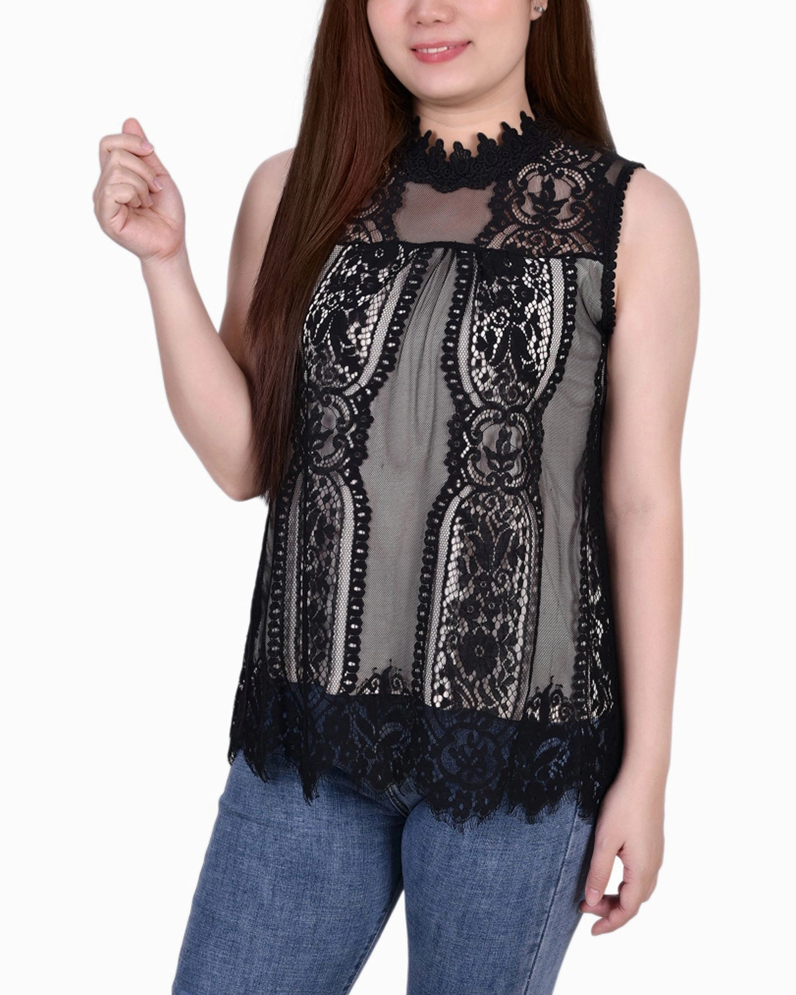 High Elasticity Travel Ready Sleeveless Mock Neck Lace Top