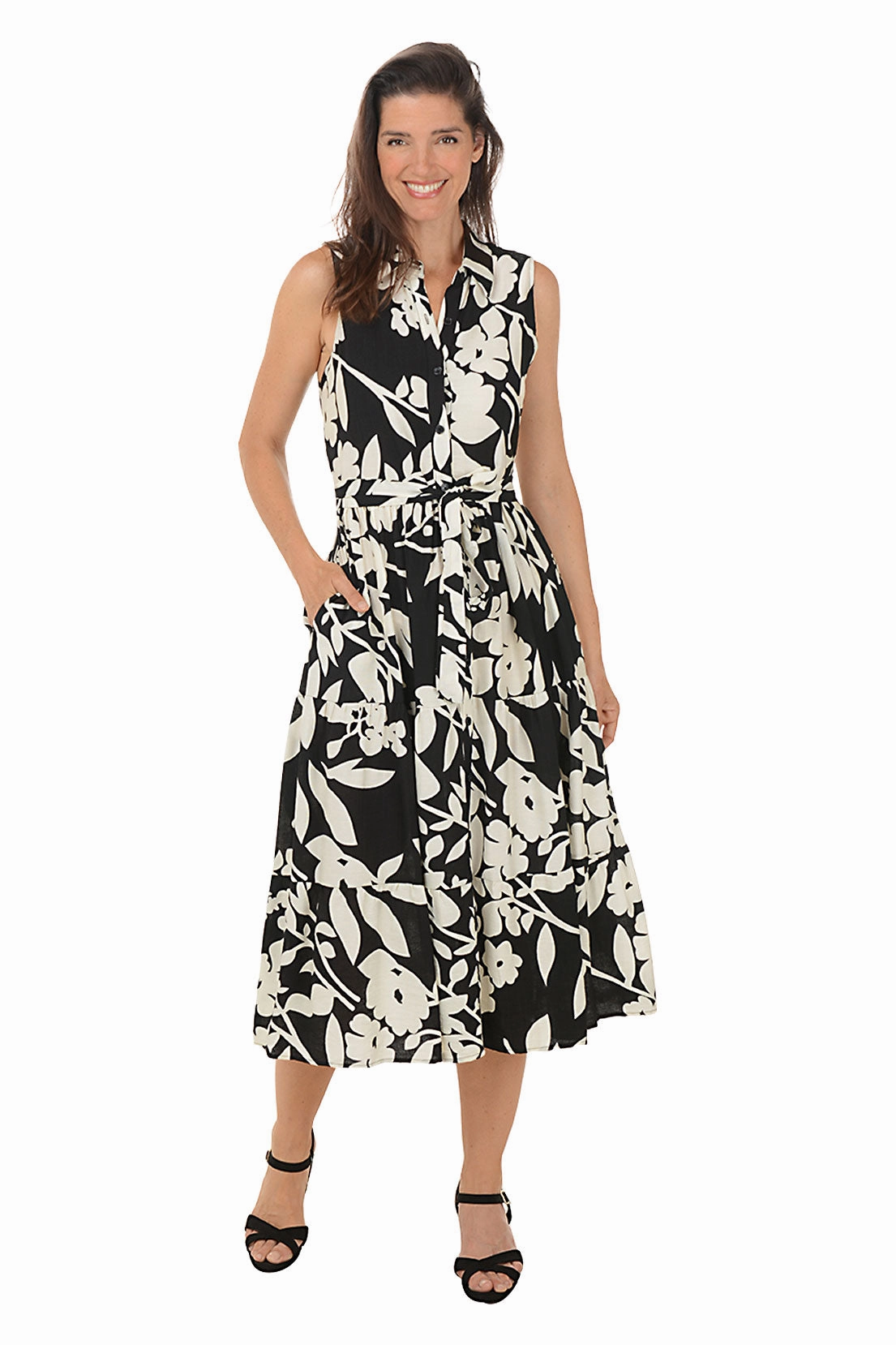Monochrome Floral Sleeveless Button-Front Dress New York Polite Tone