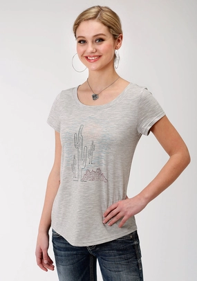 Country Charm Roper Womens Charcoal Grey Poly/Rayon Cacti S/S T-Shirt