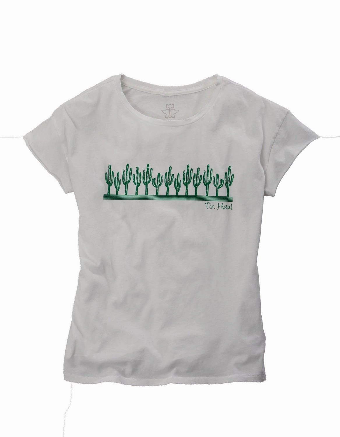 Tin Haul Womens White/Green 100% Cotton Cactus S/S T-Shirt Dinner Date