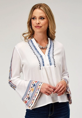 Roper Womens Embroidered Split Neck White 100% Rayon L/S Tunic Effortless Style