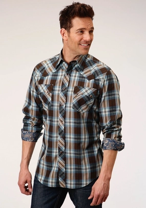 Fitted Silhouette Easy Care Roper Mens Brown 100% Cotton Crossing Dobby Plaid L/S Shirt