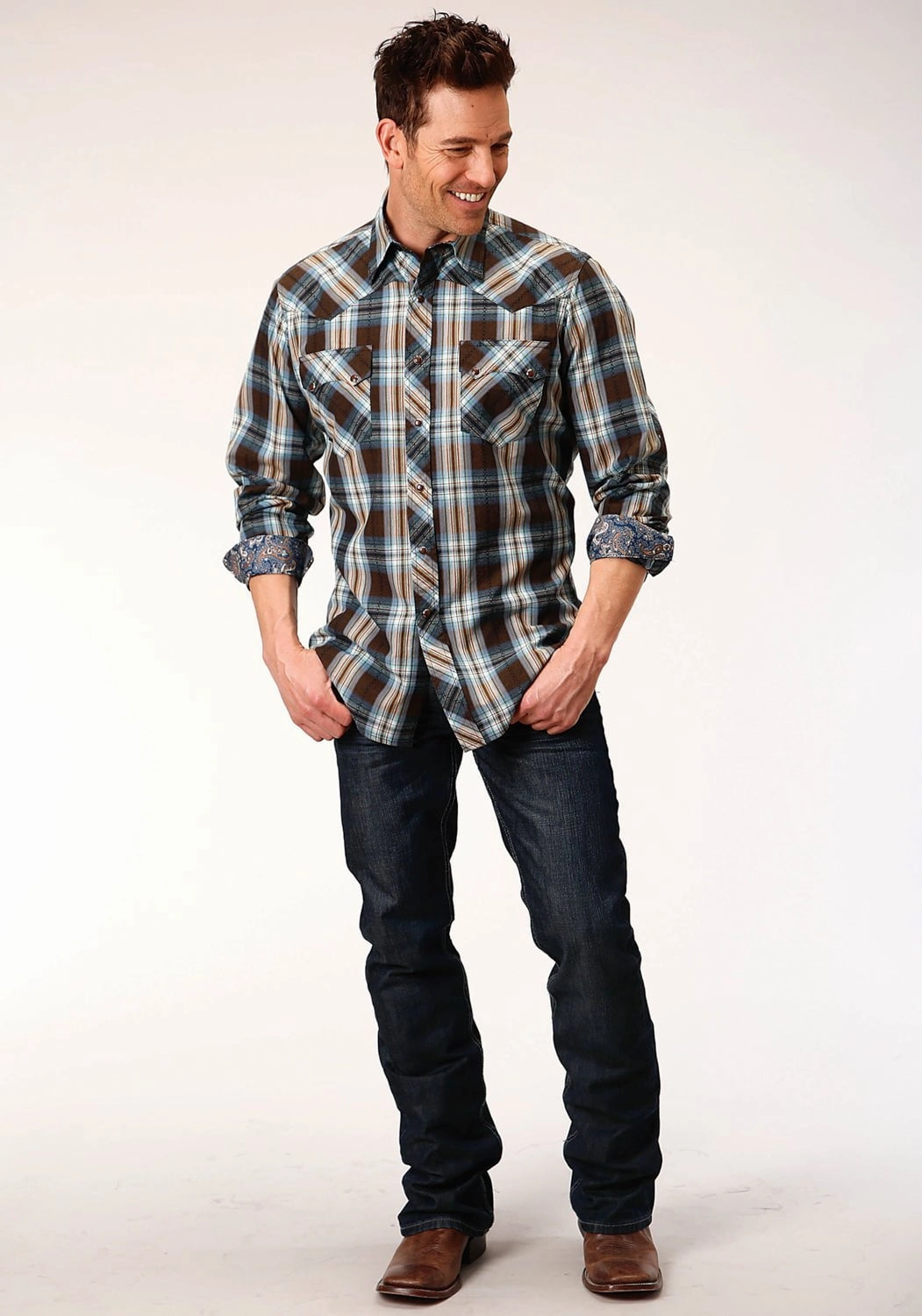 Roper Mens Brown 100% Cotton Crossing Dobby Plaid L/S Shirt Indoor Comfort Cocktail Event