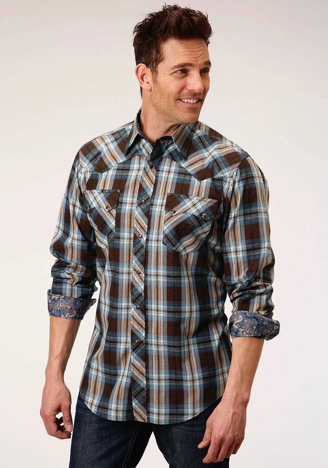 Fitted Silhouette Easy Care Roper Mens Brown 100% Cotton Crossing Dobby Plaid L/S Shirt