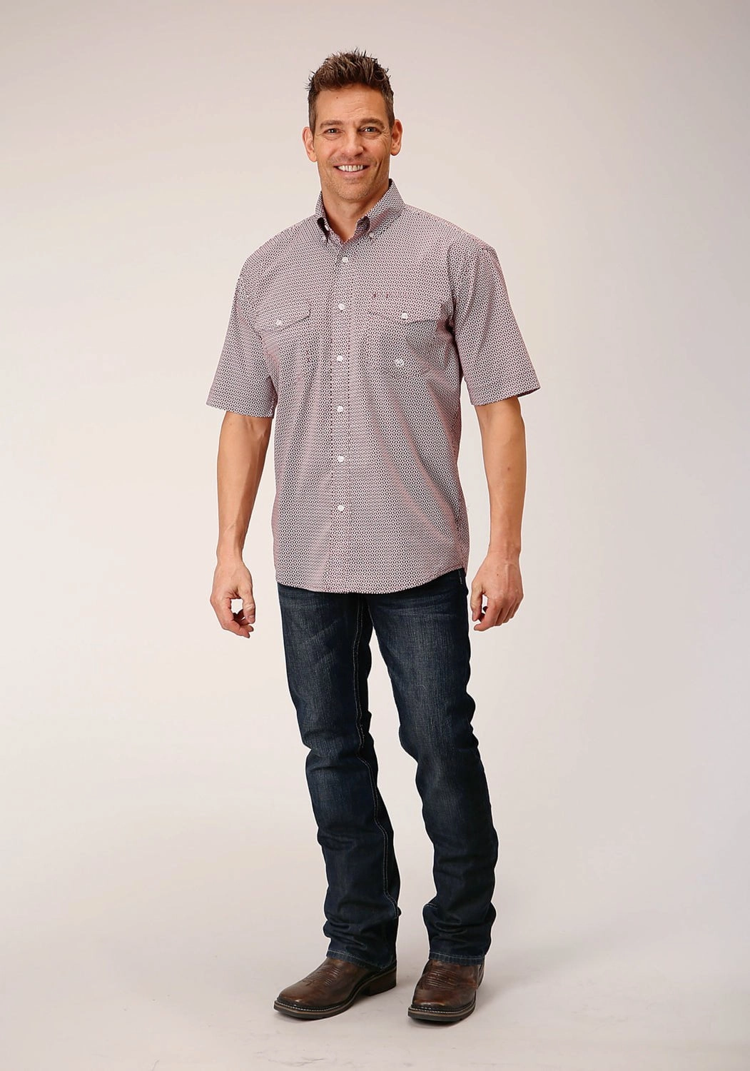 Double Stitched Hems Roper Mens Climbing Diamond Red Cotton Blend S/S Shirt