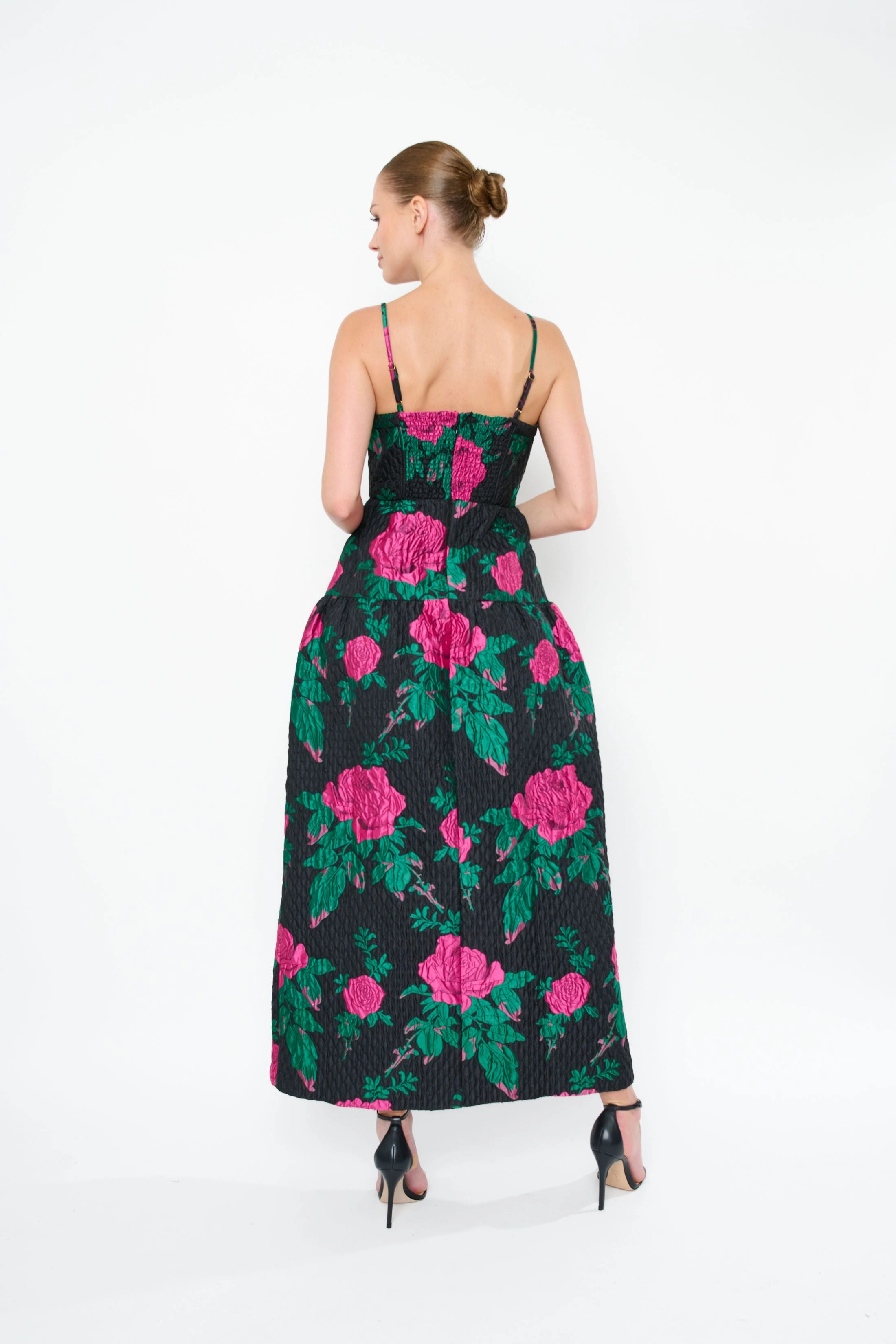 Naia Gown in Pink Rose Sculpted Detail Subtle-Print