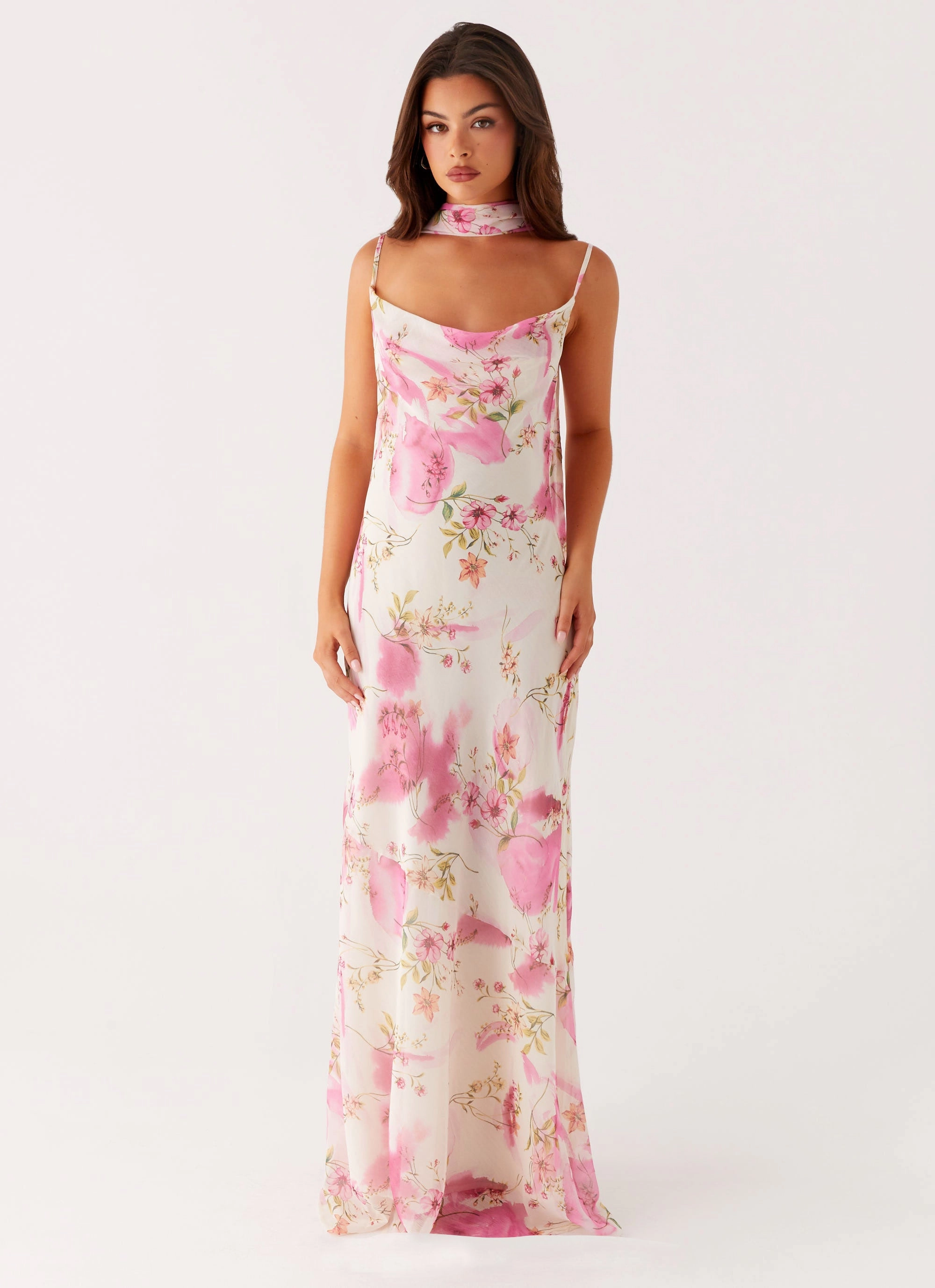 Spencer Maxi Dress - Ivory Floral Print Neat Finish Boat-Neck