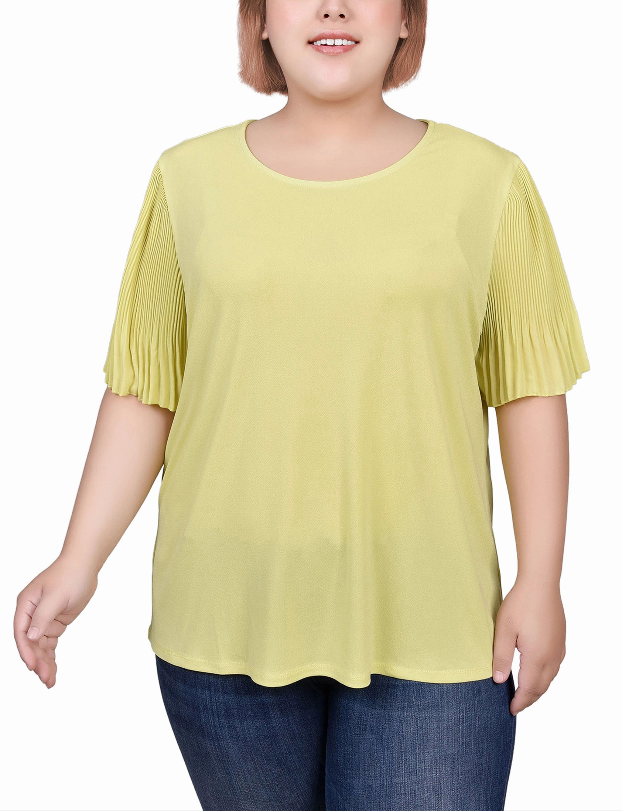 Plus Size Pleated-Sleeve Top Smooth-Finish summer look