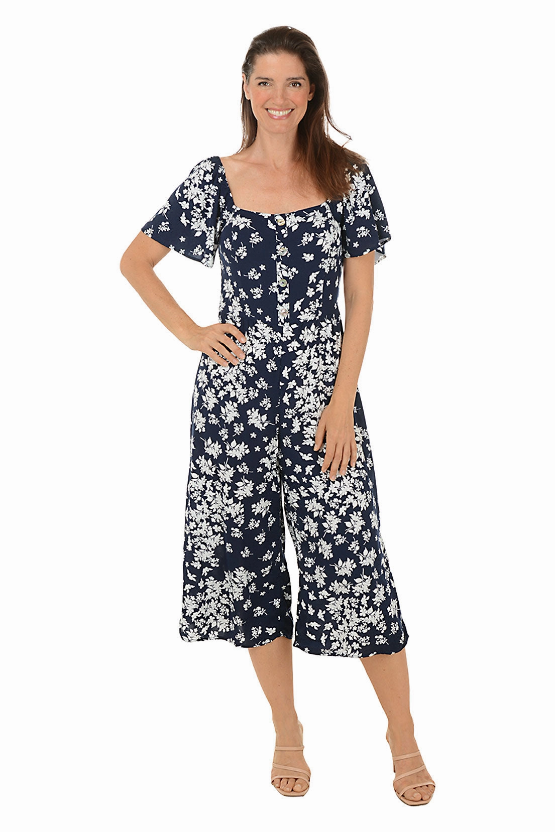 Basic Mood Breath Soft Navy Floral Square Neck Jumpsuit