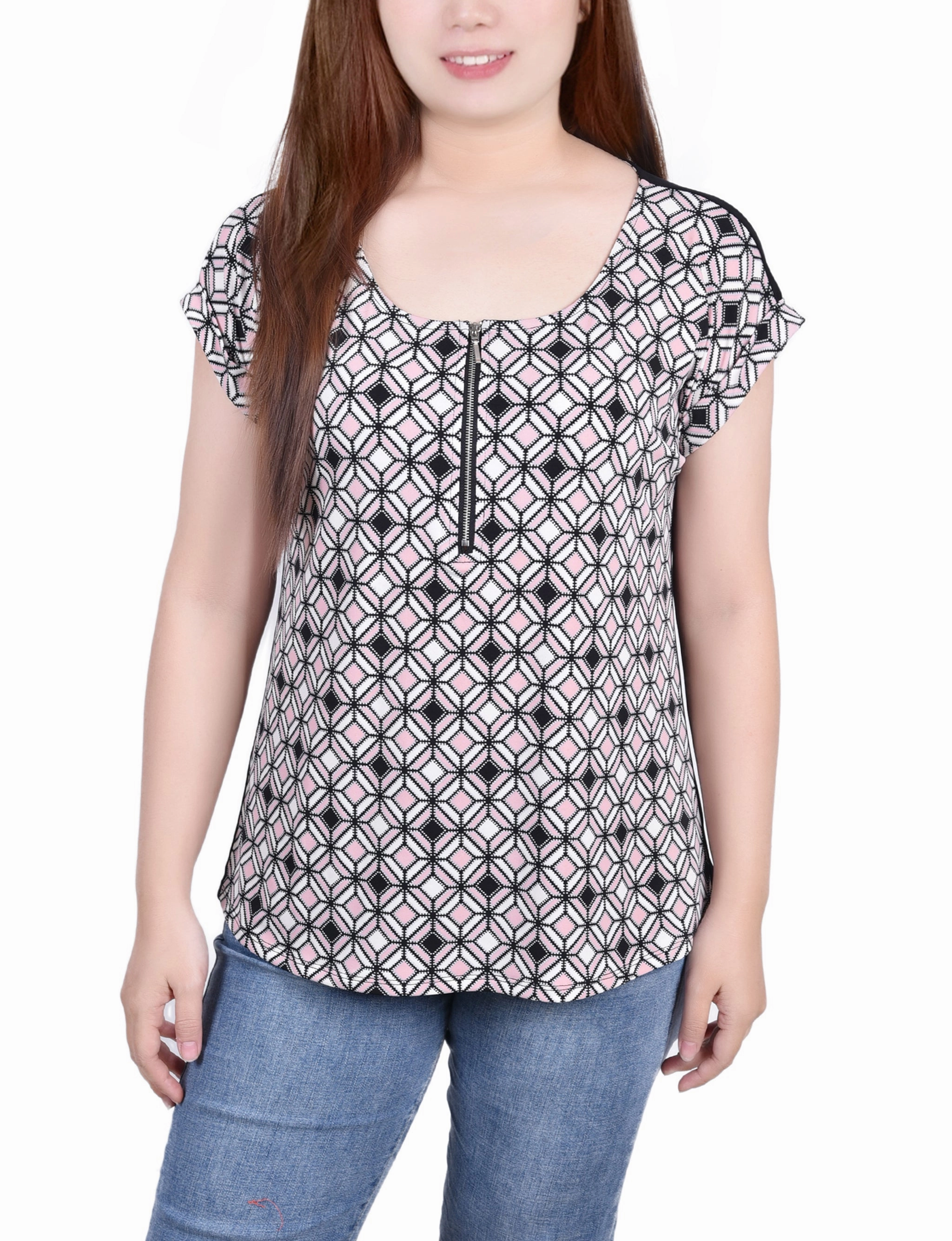 Short Sleeve 1/2 Zip Knit Top Non Restrictive Silhouette Odor Resistant Treatment