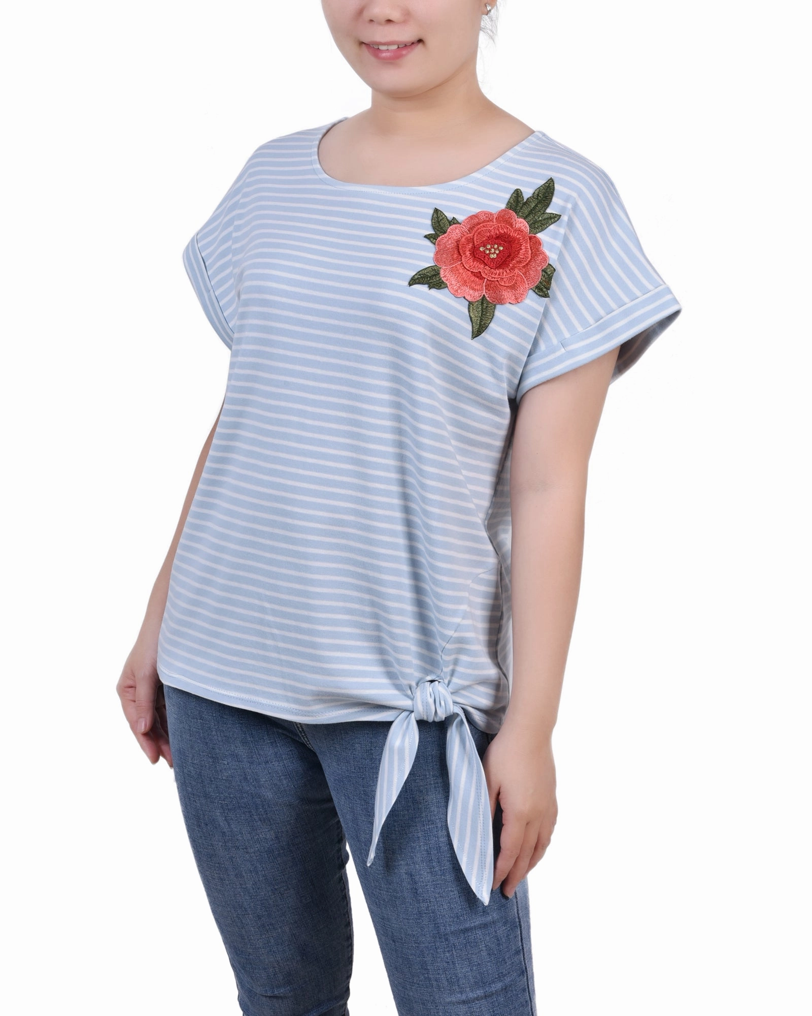 Short Sleeve Embroidered Tie Front Top Double Layered Design