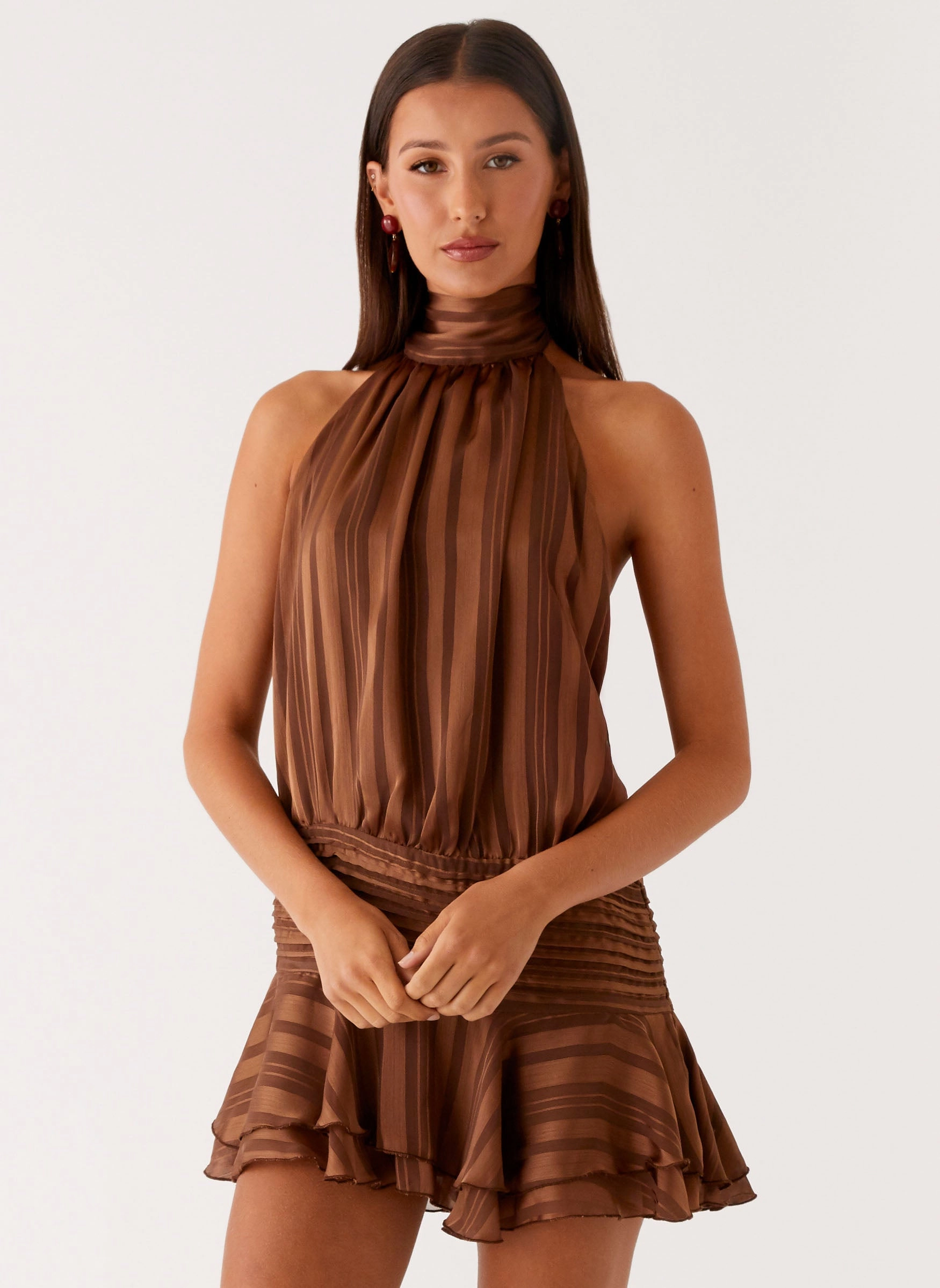 Flow Line Lace-Sleeve Willow Chiffon Mini Dress - Chocolate