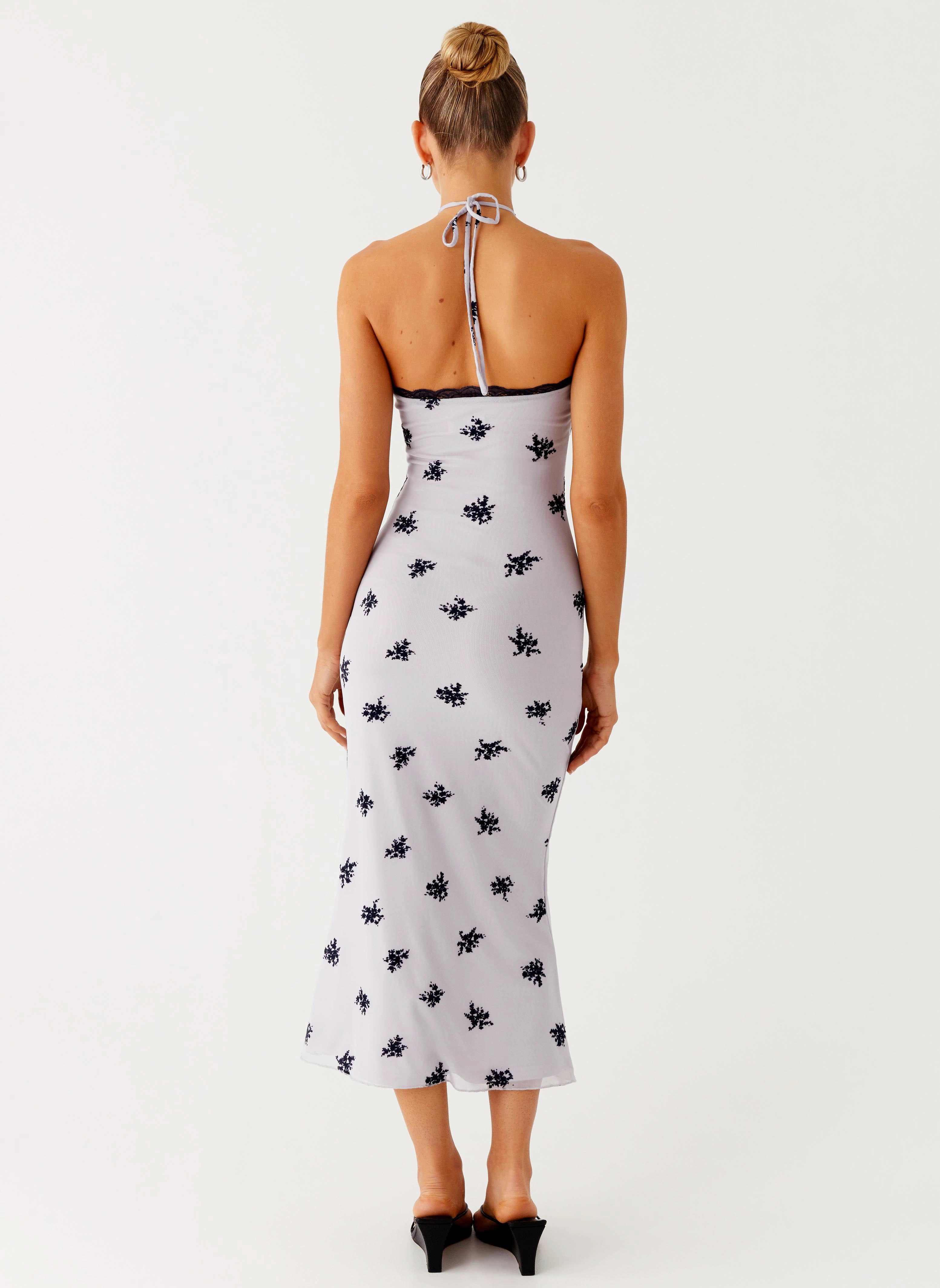 Church Proper Evening Glow Nestel Flock Halter Midi Dress - Lilac