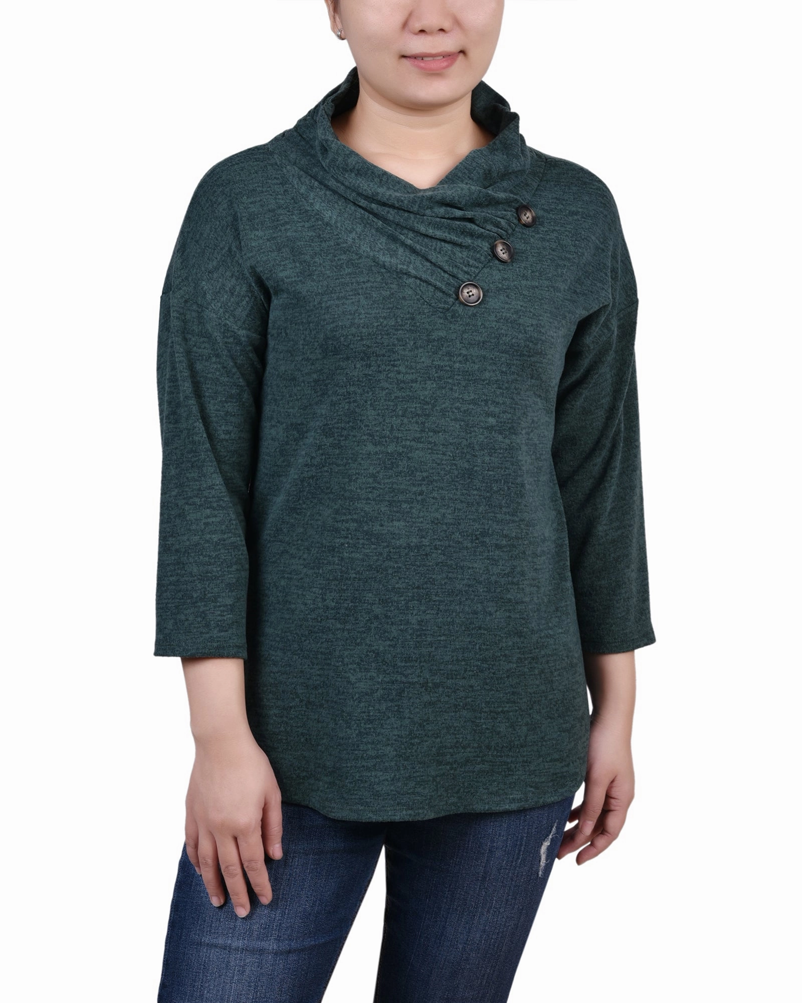 Petite 3/4 Sleeve Crossover Cowl Neck Top High Elasticity Thermal Insulation Layer