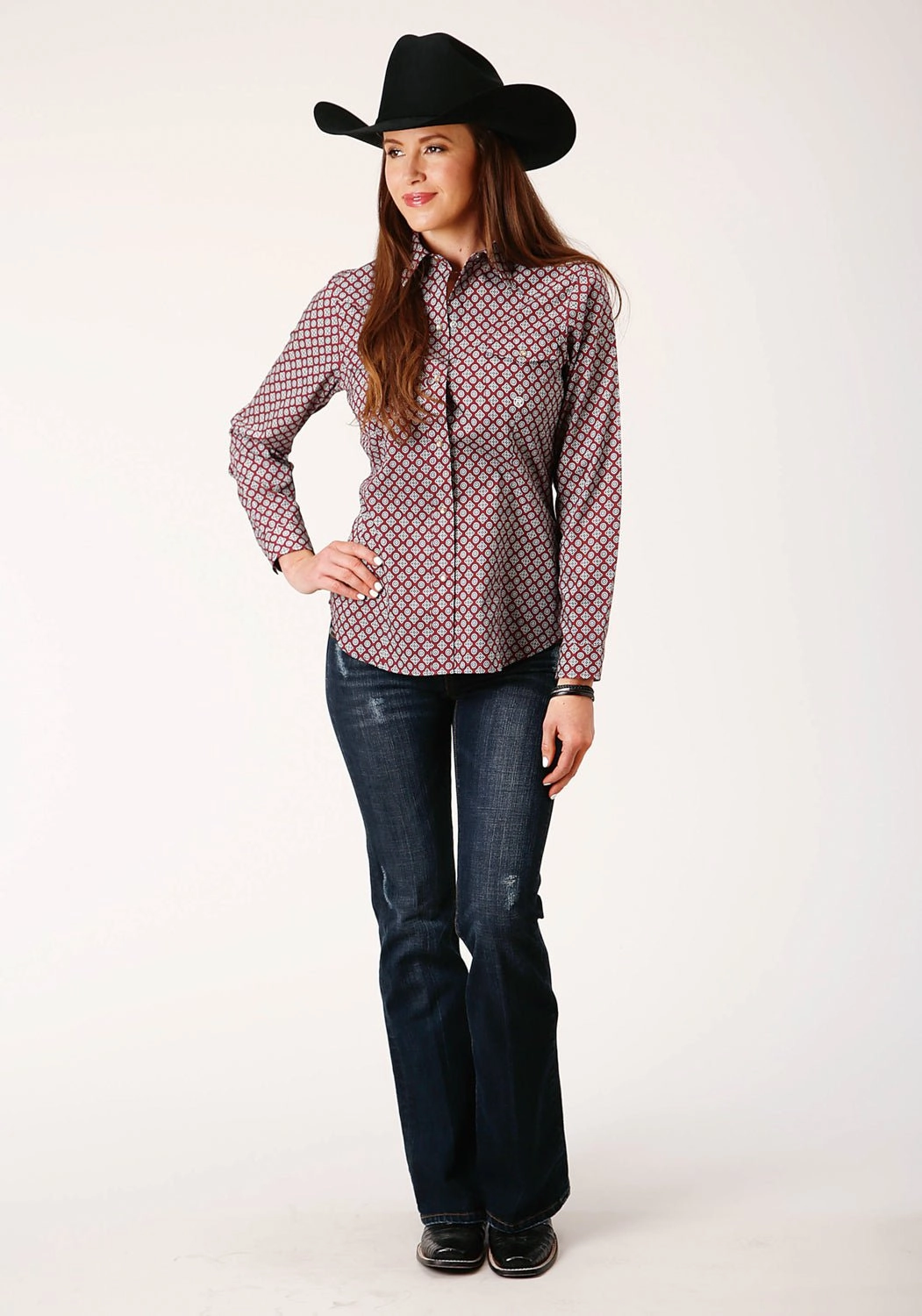 EasyCare Fabric Roper Womens Classic Foulard Wine/Blue 100% Cotton L/S Shirt