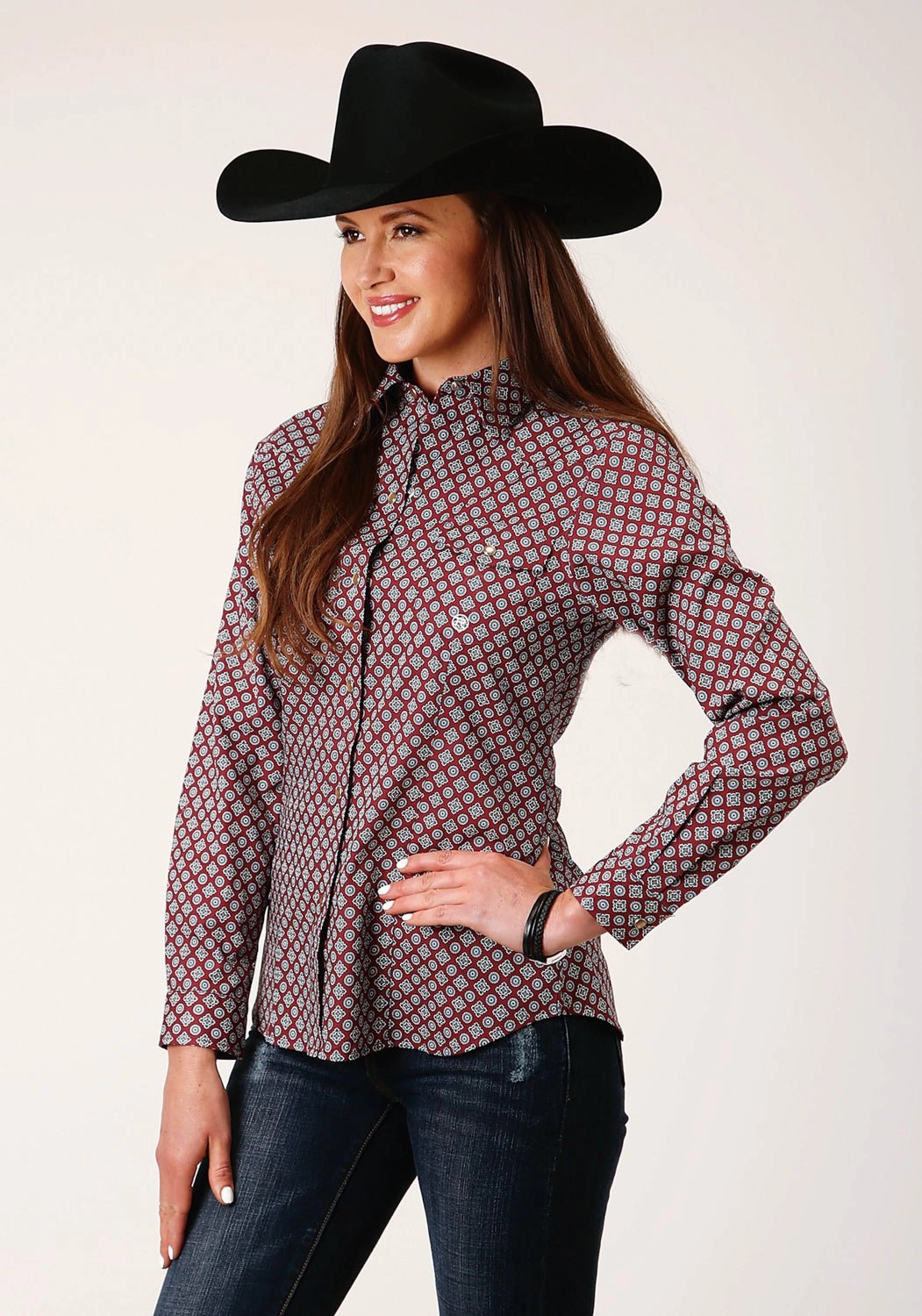 Friends Meetup Customizable Option Roper Womens Classic Foulard Wine/Blue 100% Cotton L/S Shirt