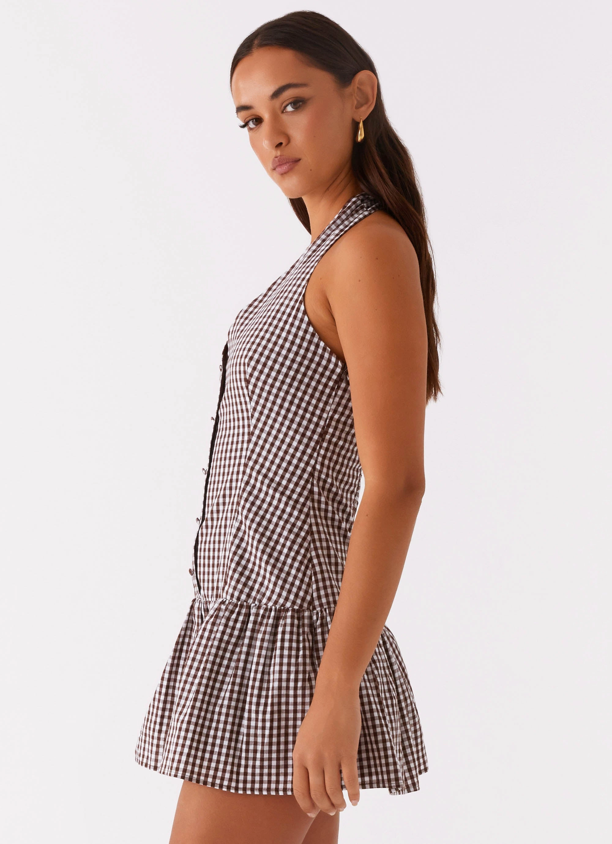 Form Flow New Look Shirred Halter Mini Dress - Chocolate Gingham