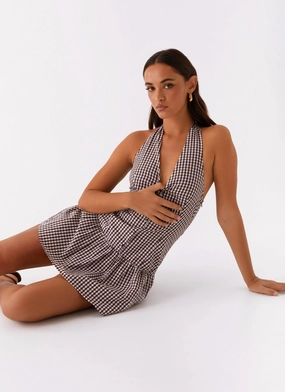 New Look Shirred Halter Mini Dress - Chocolate Gingham Graceful Ease