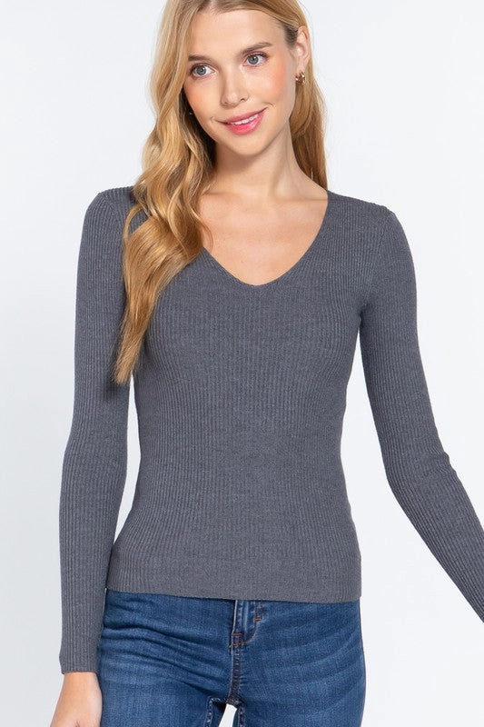 NICKI LONG SLEEVE V-NECK FITTED VISCOSE RIB SWEATER TOP Easy Wear